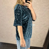 Star Print Velvet Blue T Shirt Summer Spring Oversize Women T Shirt