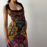Toloer Women's Summer New French Oil Painting Print Vintage Dress Sexy U-Neck Fishtail Sling Dress Woman-Outfit