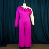 Single Shoulder Collar Wood-Eared Jumpsuit Commuting Wind High Waist Casual Tights
