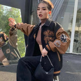 HOUZHOU Retro Streetwear Brown Leather Patchwork Baseball Jacket Women Vintage Print Autumn Winter Fashion College Coats