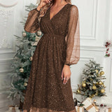 Toloer New V-Collar Elegant Slim Solid Color Stitching Mesh Perspective Sprinkling Powder Dress Female-Outfit