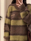 Vintage Round Neck Striped Sweater-Outfit