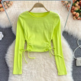 Women Fashion Korean Blouse Design Hollow Waist Long Sleeve O Neck Slim Tops Autumn Chic Streetwear Short Blouses