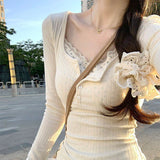 Lace Trim Coquette Long Sleeve Patchwork Tee-Outfit