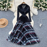 Luxury Elegant Dress Women's Fashion Collar Double Buckle Waist Long Sleeve Splicing Print 100 Folds Long