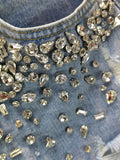 Women's Short Jeans High Waist Distressed Diamonds Tassel Loose Wide Leg Luxury Denim Shorts 2024 Summer Fashion 29L1776-Outfit