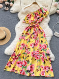 Irregular Ruffled Floral Print Dress Sashes Women Summer 2022 Vacation Slim Fashion Sexy Ladies A Line Long