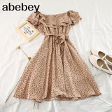 Print Floral Women Dress Spring Summer Bow Vestidos Chiffon Beach Style Student Sweet Mini