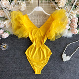 Women Girl Soild V Neck Mesh Ruffle Lotus Leaf Sleeve Bodysuits Swim Beach Holiday Bodysuit Rompers