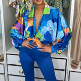 New Printed Lantern Long Sleeve Blouse 2023 Summer Fashion Casual Lapel Top Shirt Female Breathable Chiffon Cardigan 319-0-Outfit